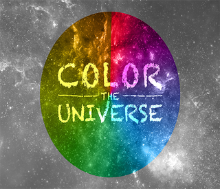 A black and white starry background with a rainbow-colored circle and the words “Color the Universe”