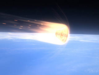 Computer generated graphic depicts Orion’s heat shield during reentry