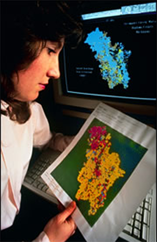 A woman looking at a page with data on it