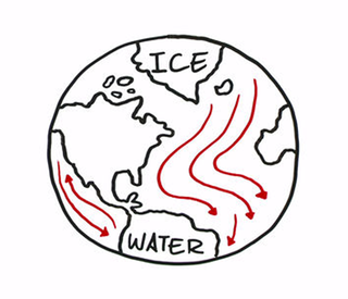 A cartoonish drawing of the Earth with lines showing the flow of water