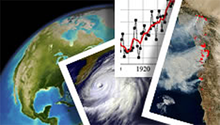 A globe with three climate change pictures on top of it