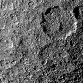 A close-up view of the crater-filled lunar surface