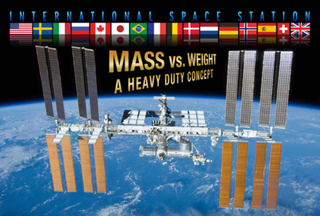 The words Mass vs. Weight over an image of the space station with Earth in background