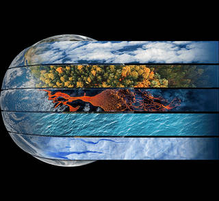 Illustration of Earth with slices to represent the atmosphere, biosphere, cryosphere, geosphere and hydrosphere