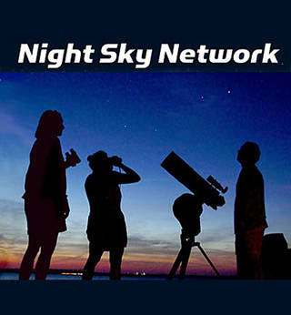 Silhouette of people looking at the night sky with a telescope and the words Night Sky Network