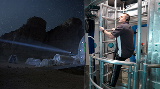 (Right) computer generation of moon habitats (Left) an astronaut climbing a ladder