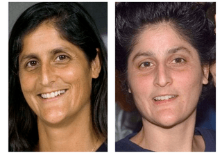 A picture of astronaut Sunita Williams on Earth (left)  is contrasted with a picture of her in microgravity (right)