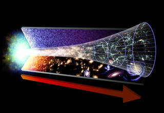 A bright mass to the left with a cone expanding to the right sandwiched between a panel with a purple swirl pattern and a panel