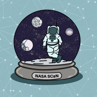 A drawing of a NASA SCaN snow globe with an astronaut in a spacesuit standing on a cratered surface with planets in the background