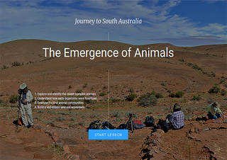 Scientists excavating in an open desert  and the words "Journey to South Australia: The Emergence of Animals"
