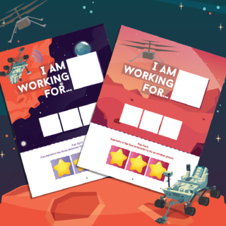 Illustration of rovers on Mars with space-themed token boards