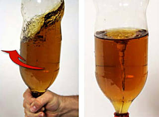 In the left image someone is holding a plastic bottle with liquid upside down and turning it. The right image shows the result, a tornado forming in the bottle.