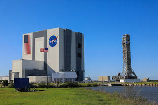 The mobile launcher for the Artemis I mission, atop crawler-transporter 2, arrives at the Vehicle Assembly Building at NASA’s Kennedy Space Center in Florida on Oct. 30, 2020