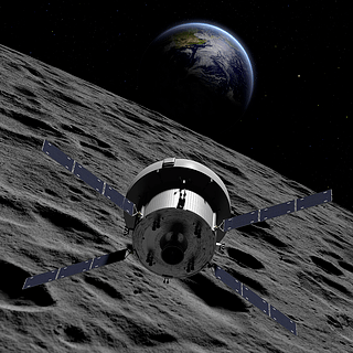 Illustration of the Orion spacecraft flying back to Earth