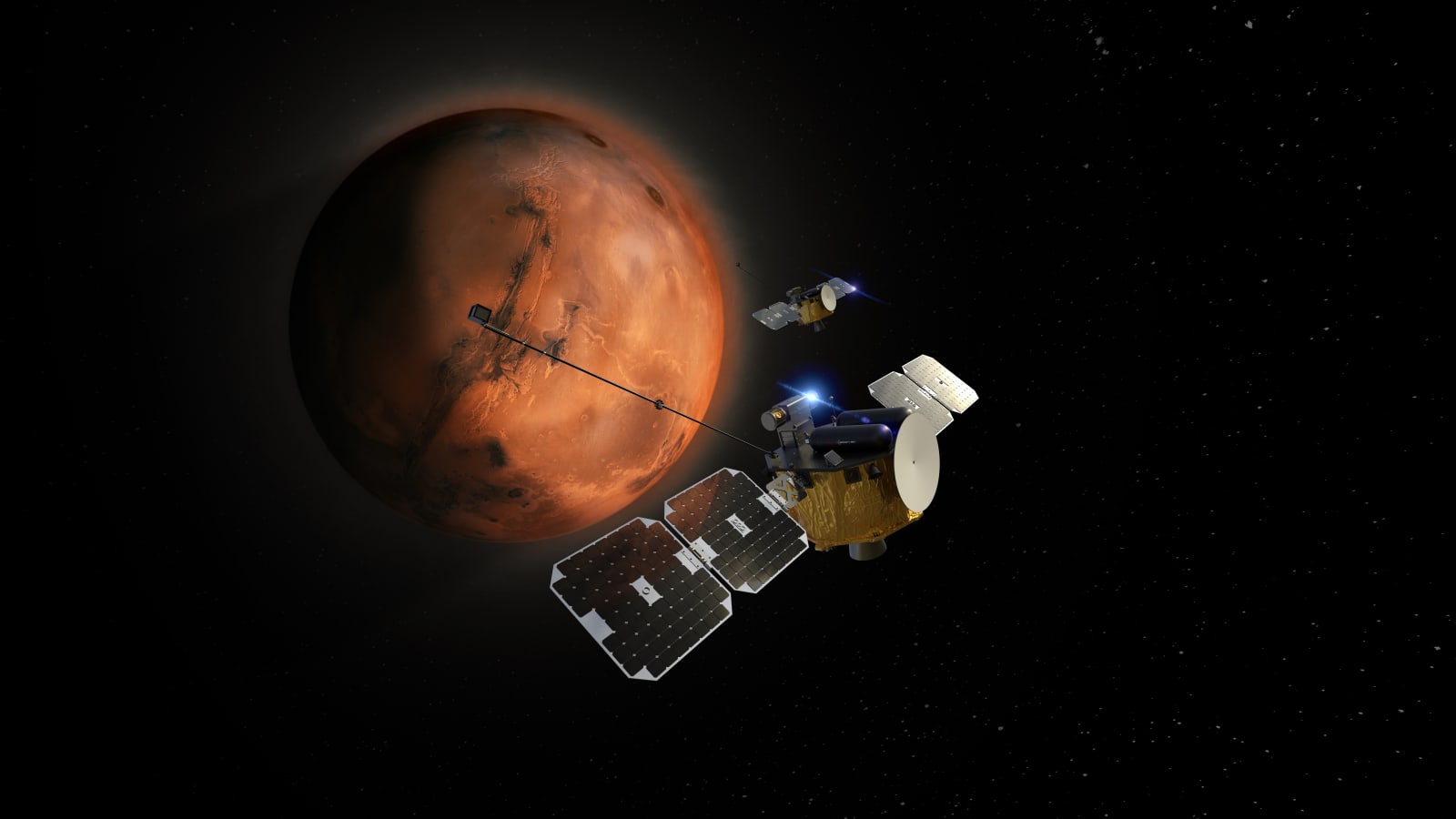 Illustration of the ESCAPADE spacecraft in orbit around Mars.
