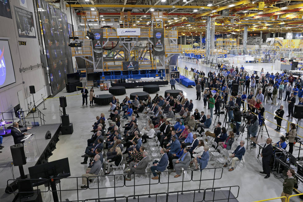 NASA Michoud Assembly Facility team members gather Feb. 13 to hear Michoud Director Lonnie Dutreix kick off the Exploration Upper Stage (EUS) ribbon-cutting ceremony in Hero’s Way. 