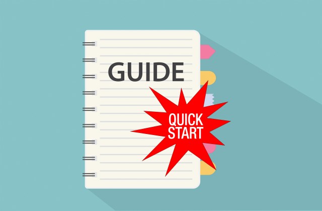 This Flyby Math Quick Start Guide graphic shows a vector drawing of a guidebook with colorful tabs on the right and a red startburst with the text Quick Start.