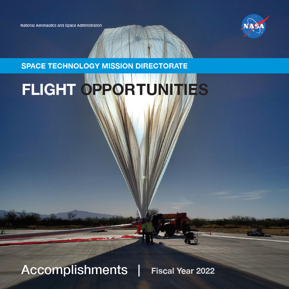 front cover of Flight Opportunities accomplishments report for 2022, showing a high-altitude balloon on the tarmac