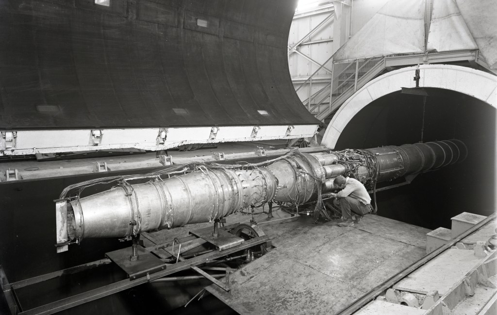 Engine in wind tunnel test section.