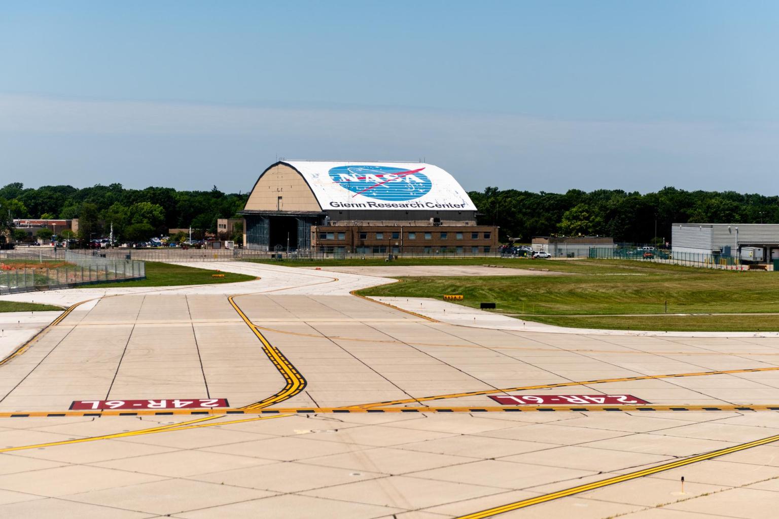 View of the NASA Glenn Research Center hangar from the Cleveland Hopkins International Airport runway