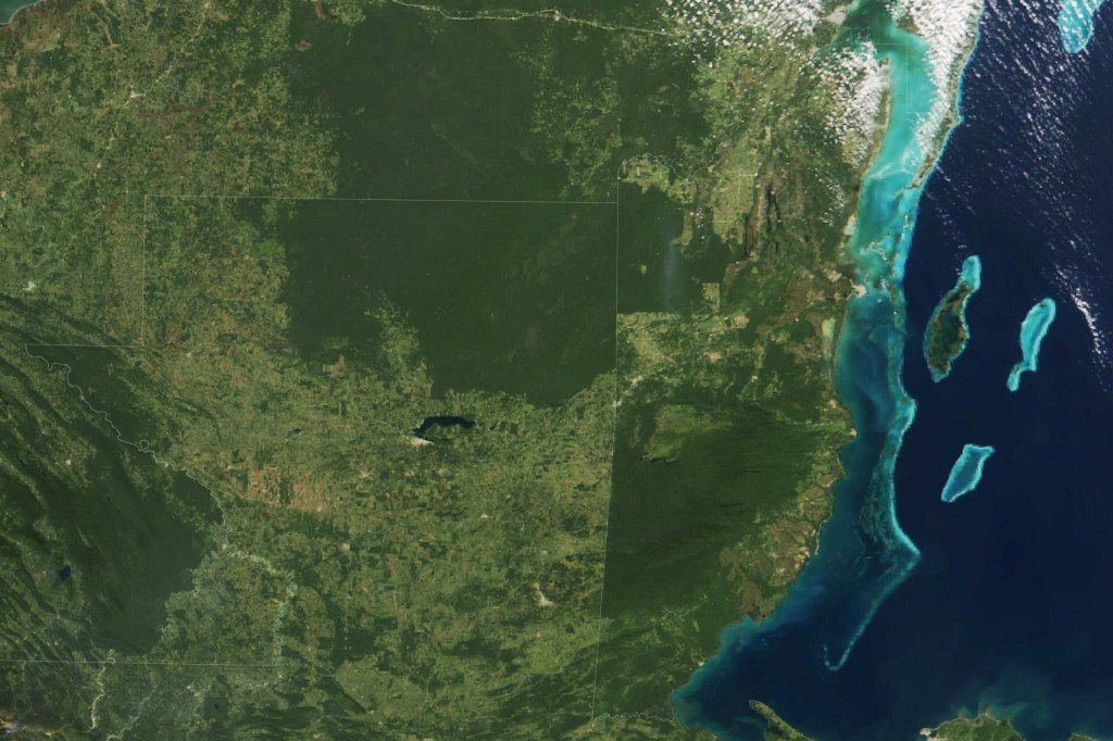 NASA Earth Observatory images by Wanmei Liang, using VIIRS data from NASA EOSDIS LANCE, GIBS/Worldview, and the Suomi National Polar-orbiting Partnership, MODIS data from NASA EOSDIS LANCE and GIBS/Worldview, and forest loss data from the University of Maryland. Historical Landsat image of Mexico and Guatemala originally published here in 2004.