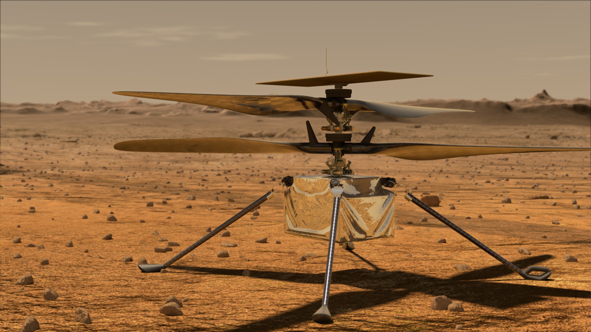 This illustration shows Ingenuity awaiting takeoff on Mars. NASA’s aviation experts in atmospheric flight shared their experience with the helicopter’s designers to help ensure the technology demonstration on the Red Planet will be a success.