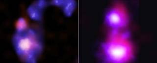 The image on our left features two colliding dwarf galaxies in the late stages of merging into one larger galaxy. The image on our right features two colliding dwarf galaxies in the early stages of merging. 