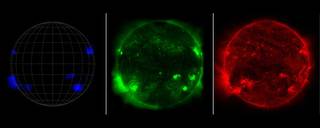 The Sun appears different depending on who’s looking. From left, NASA’s NuSTAR sees high-energy X-rays; the Japanese Aerospace Exploration Agency’s Hinode mission sees lower energy X-rays; and NASA’s Solar Dynamics Observatory sees ultraviolet light.