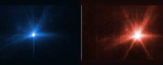 Two  bright dots one blue and one red with white centers