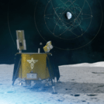 Illustration of a small lander on the surface of the Moon, with Earth visible in the distance, surrounded by a series of rings and loops representing a network of communication satellites.