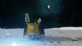 Illustration of a small lander on the surface of the Moon, with Earth visible in the distance, surrounded by a series of rings and loops representing a network of communication satellites