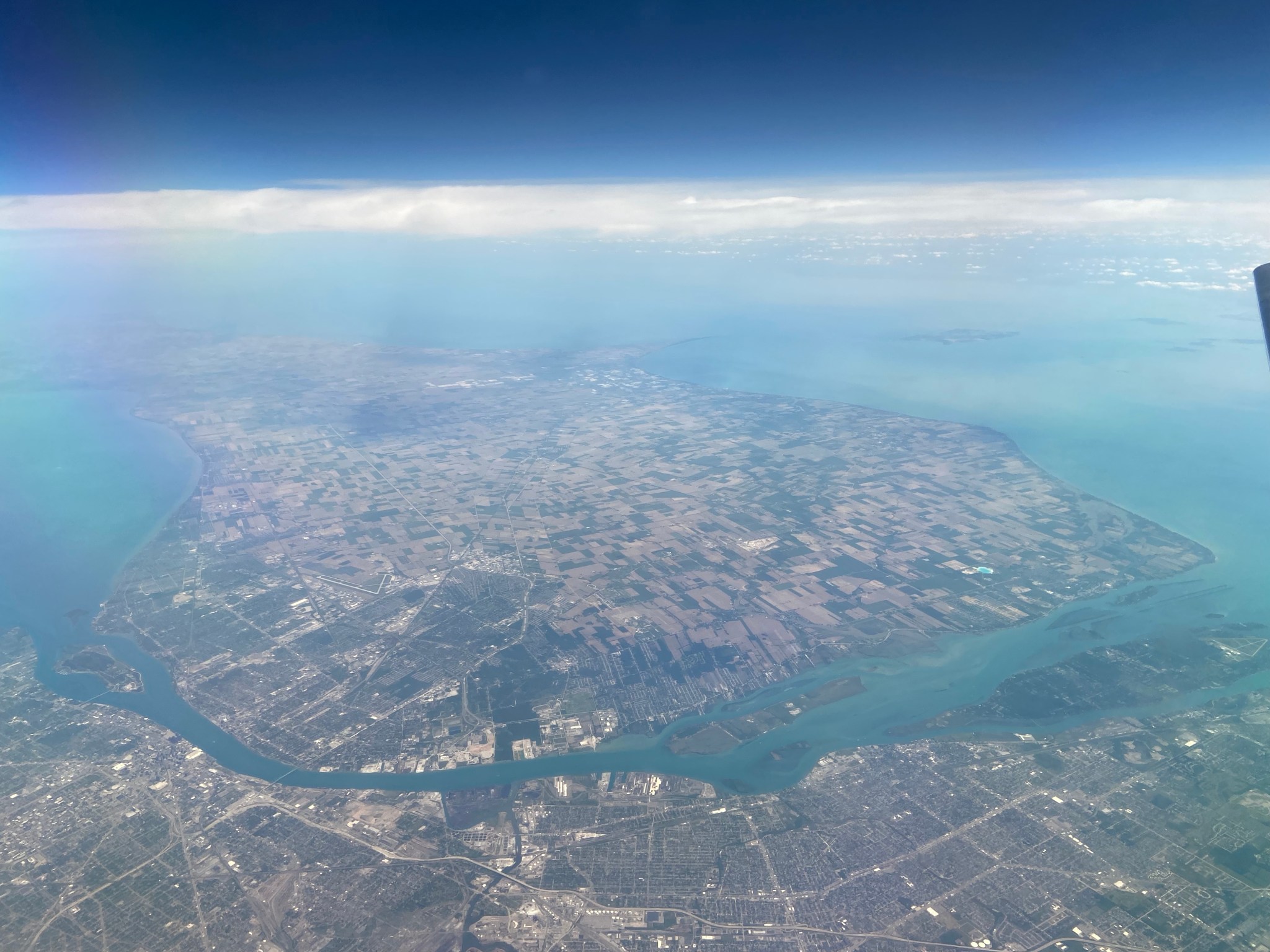 A view of the MOOSE study region from the Langley C-20B Gulfstream III. On the far side is the city of Windsor in Ontario, Canada. Detroit is in the foreground, with downtown Detroit on the lower left. The Detroit River runs between the two cities.