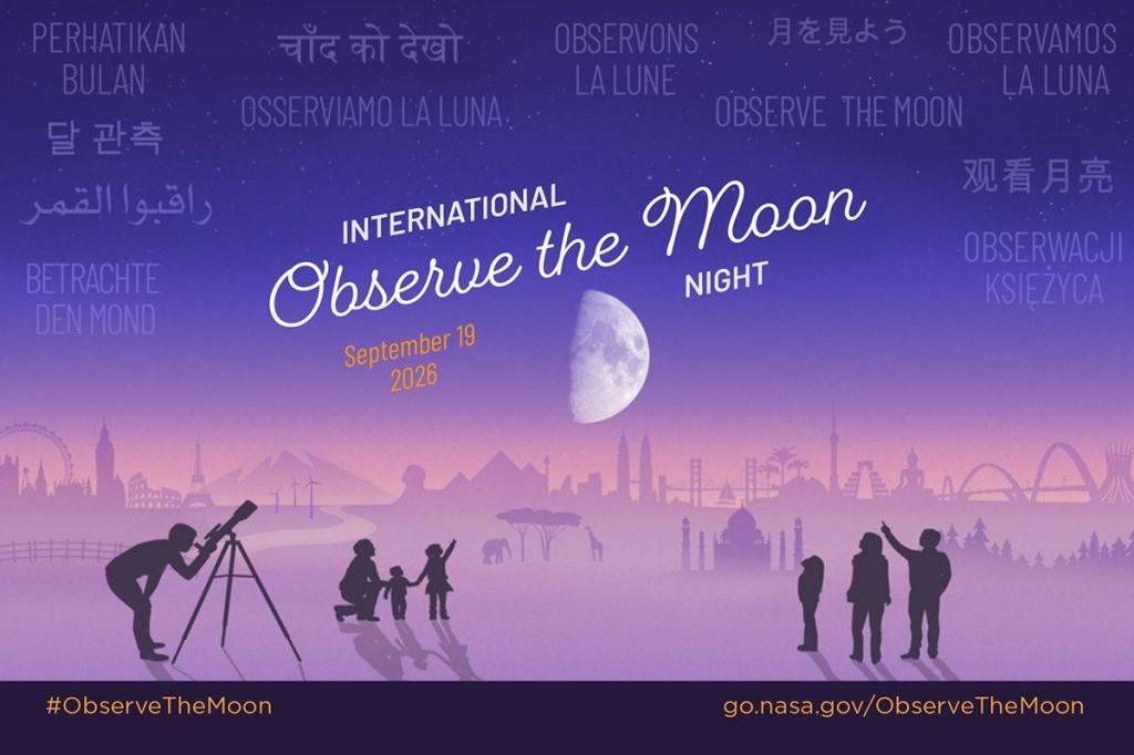Stylized illustration of an imagined landscape with world landmarks in the background. In the foreground silhouettes of people looking up at a large Moon in the night sky, with the text "International Observe the Moon Night September 19, 2026." In the sky appears "Observe the Moon" translated in different languages.