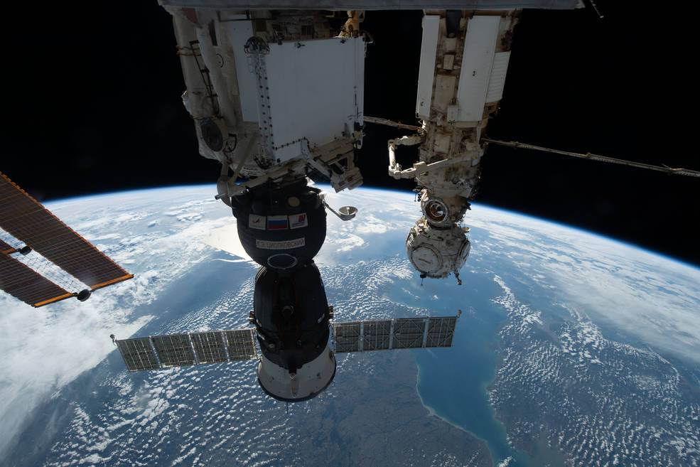 The Soyuz MS-22 crew ship is pictured in the foreground docked to the Rassvet module as the International Space Station orbited 264 miles above Europe. In the background, is the Prichal docking module attached to the Nauka multipurpose laboratory module.
