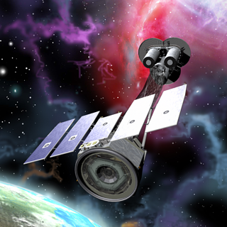 An artist's rendering of the Imaging X-Ray Polarimetry Explorer (IXPE) mission traveling through space.