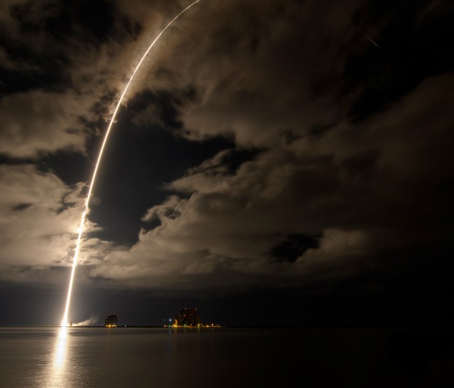 A United Launch Alliance Atlas V rocket with the Lucy spacecraft aboard is seen in this 2 minute and 30 second exposure photograph as it launches.