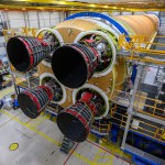 Engineers and technicians from NASA, Aerojet Rocketdyne, and Boeing at NASA’s Michoud Assembly Facility in New Orleans have installed all four RS-25 engines to the core stage for NASA’s Space Launch System rocket that will help power the first crewed Artemis mission to the Moon. The yellow core stage is seen in a horizontal position in the final assembly area at Michoud. The engines are arranged at the bottom of the rocket stage in a square pattern, like legs on a table.