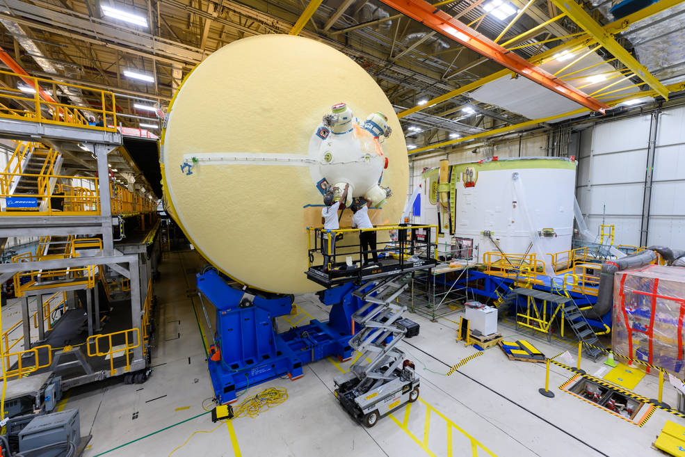 The engine section, right, is the last major structure that makes up the core stage of NASA’s Space Launch System rocket that will help power the Artemis II mission. 