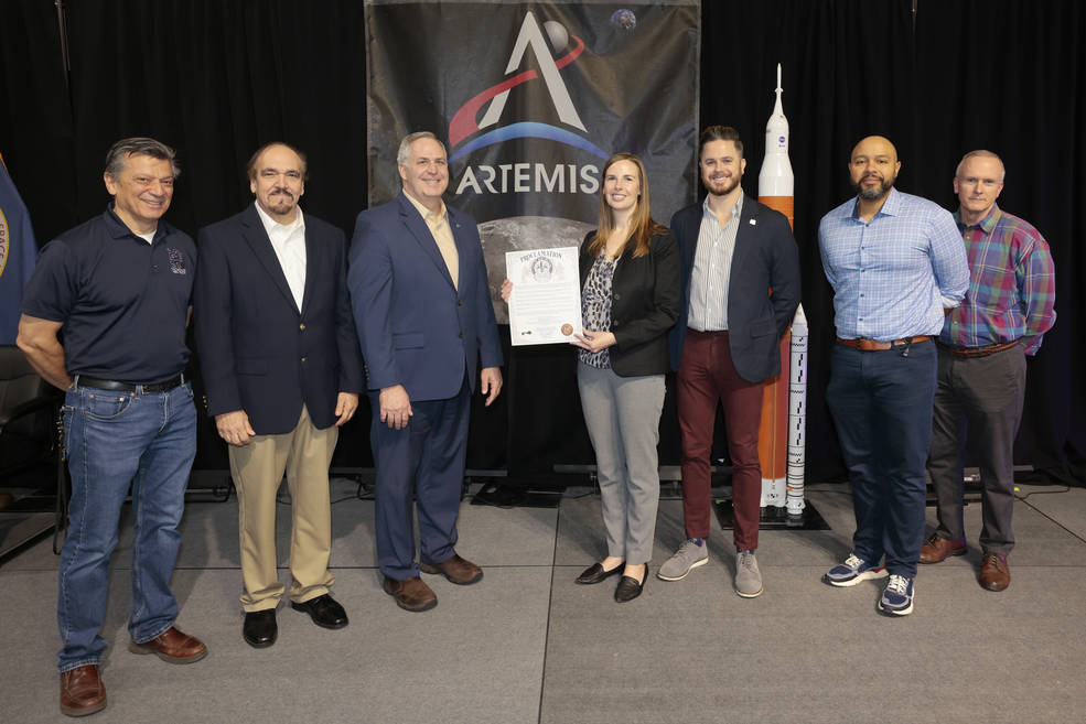 Representatives from New Orleans Mayor LaToya Cantrell’s office present Michoud Assembly Facility with a proclamation Feb. 7 naming Nov. 16, 2022, “Michoud-Artemis Day.” 