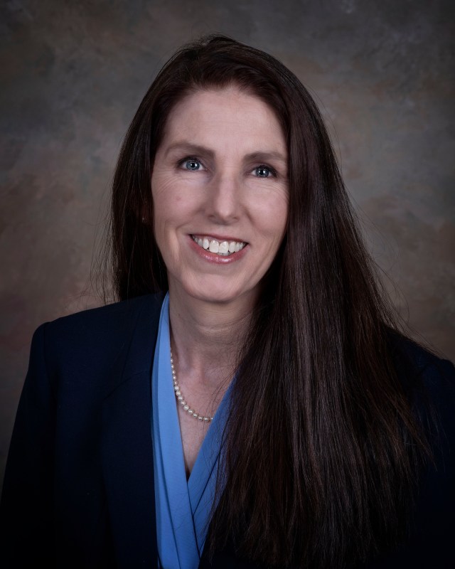 Rae Ann Meyer, a woman with long brown hair and a blue shirt sits in front of a brown background.