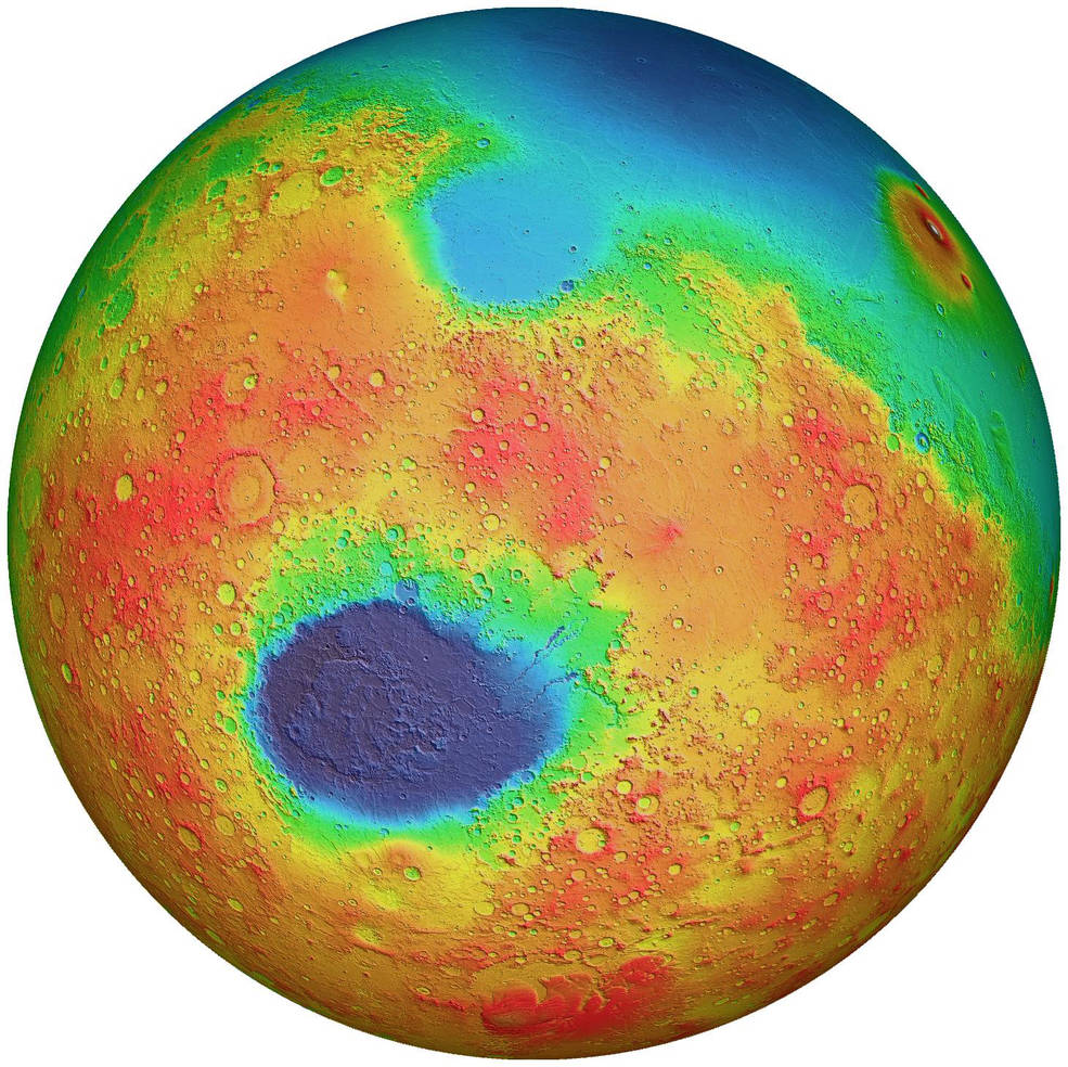 Topographic map of heavily cratered terrain on Mars