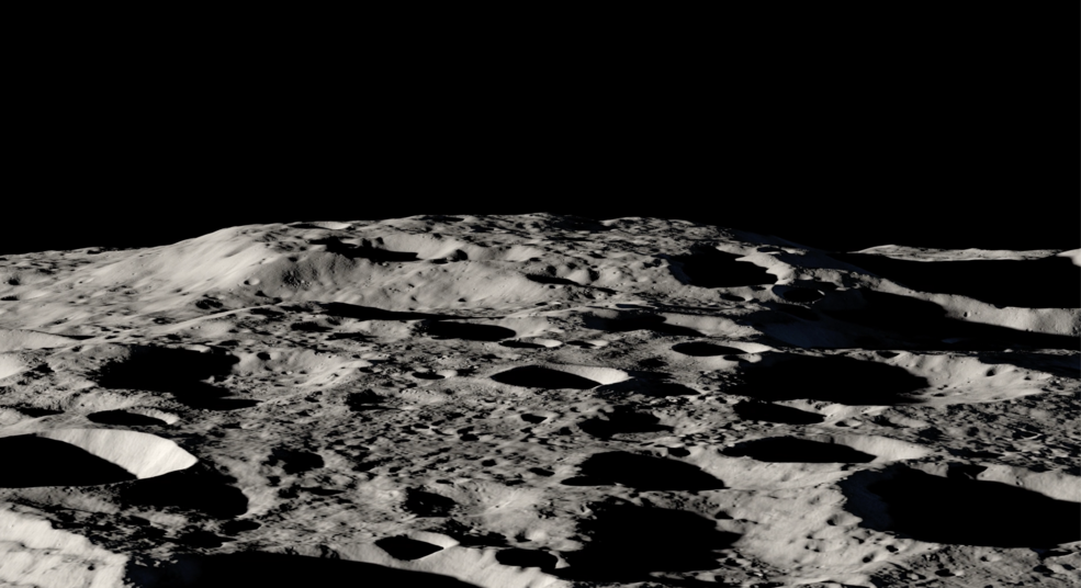 An illustration of Mons Mouton, a mesa-like lunar mountain that towers above the landscape carved by craters near the Moon’s South Pole.
