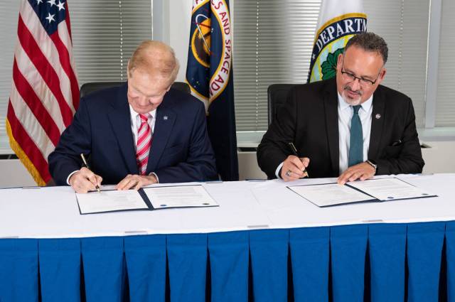 NASA Administrator Bill Nelson and Secretary of Education Miguel Cardona participate in a memorandum of understanding (MOU) signing ceremony, Wednesday, May 24, 2023