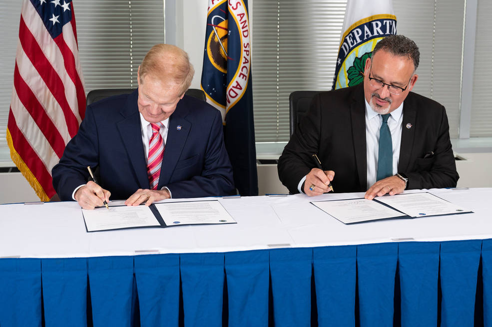 NASA Administrator Bill Nelson and Secretary of Education Miguel Cardona participate in a memorandum of understanding (MOU) signing ceremony, Wednesday, May 24, 2023, at the Mary W. Jackson NASA Headquarters building in Washington.