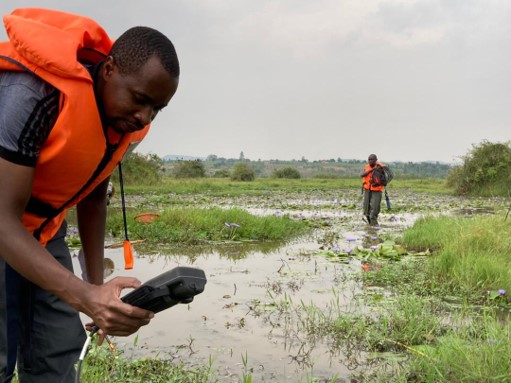 Uganda National Fisheries Resources Research Institute (NAFIRRI) staff using some of the water quality monitoring equipment acquired with the support of the SERVIR grant.