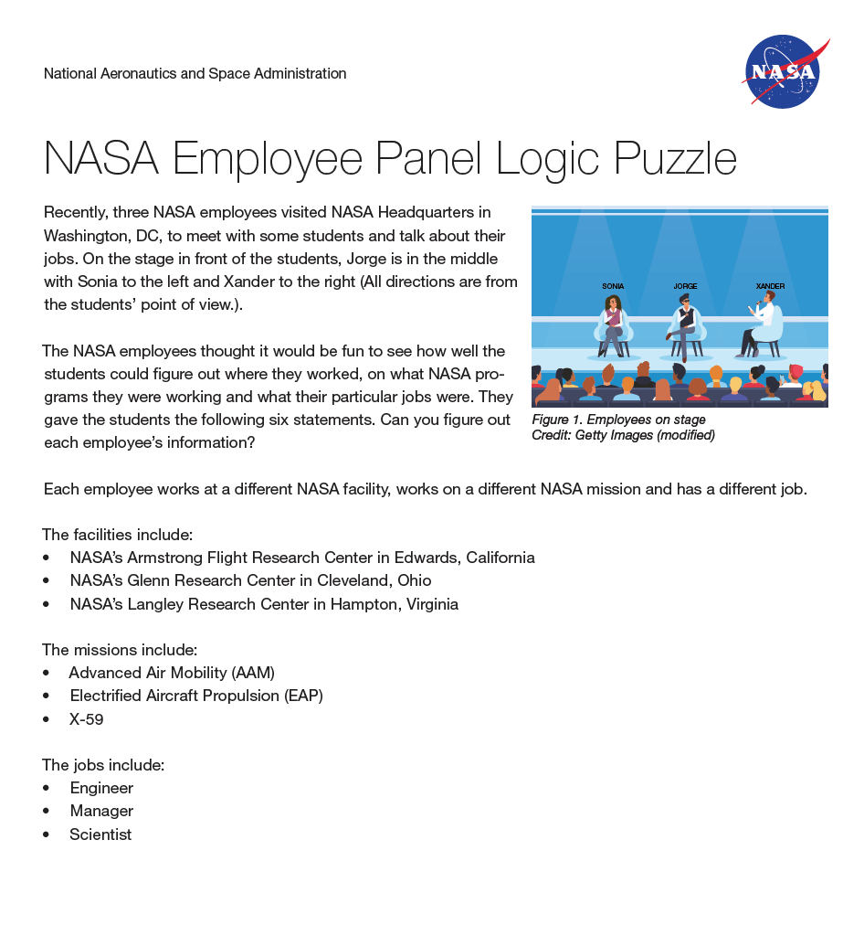 NASA Employee Panel Logic Puzzle screenshot. There is a graphic showing three people sitting on stage speaking to a group of students.