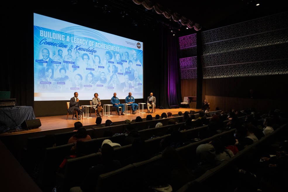 NASA Center Directors Clayton Turner, Vanessa Wyche, NASA astronaut Victor Glover, retired NASA astronaut Leland Melvin, Christopher Williams of Smithsonian National Museum of African American History and Culture on stage Feb. 10, 2023, in Washington.