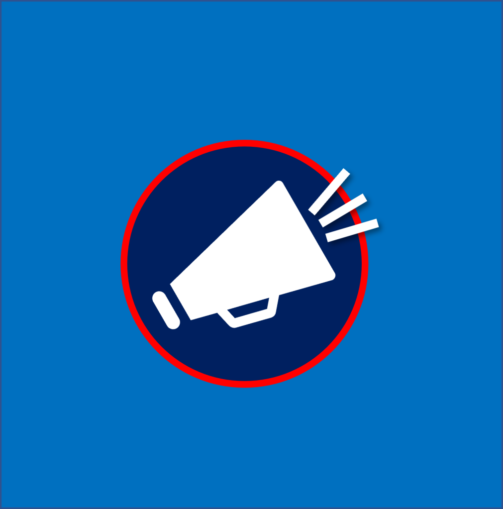 icon of a white mega-phone inside a blue circle with a red outline