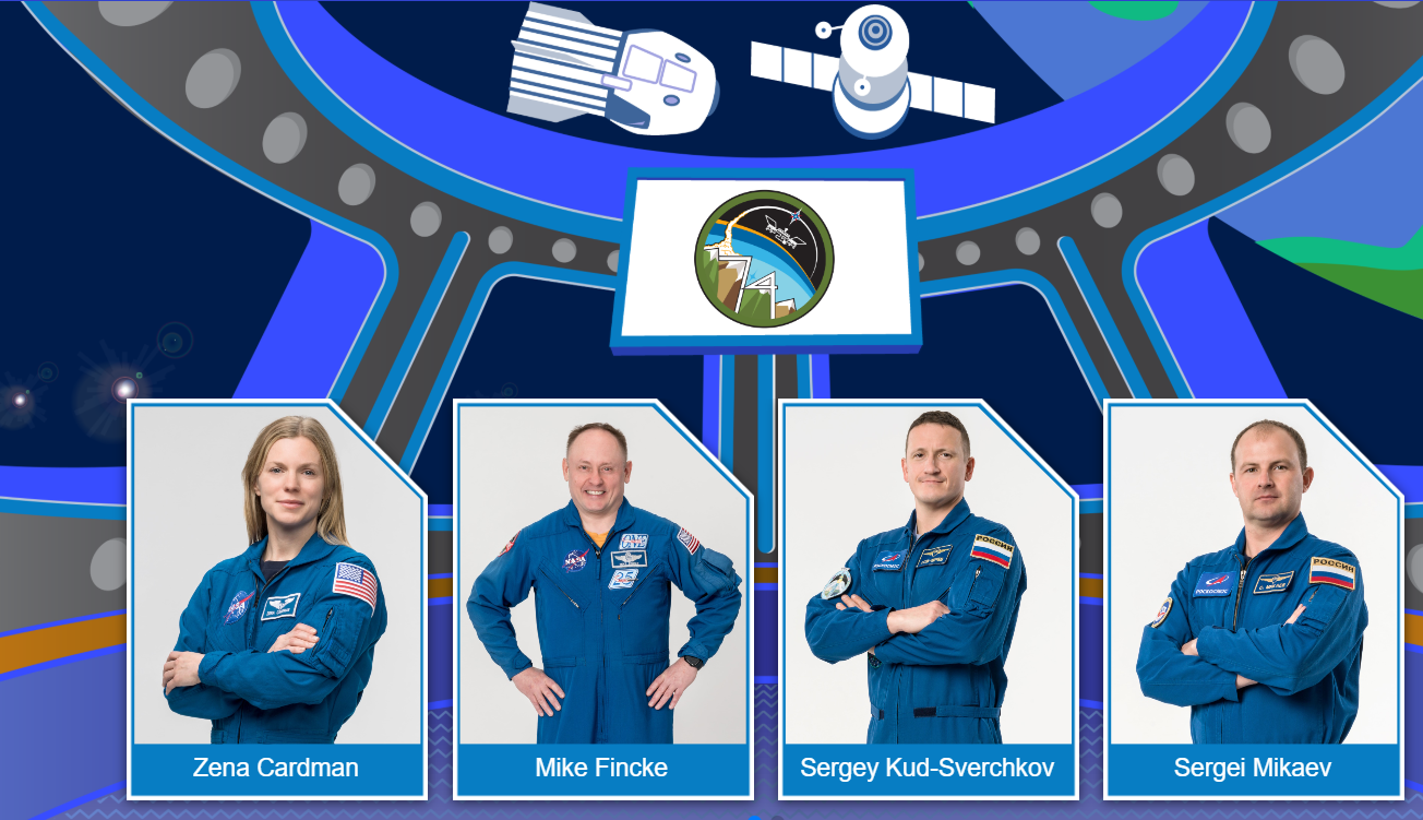 The spacy cartoon background of the space station with four astronauts posing