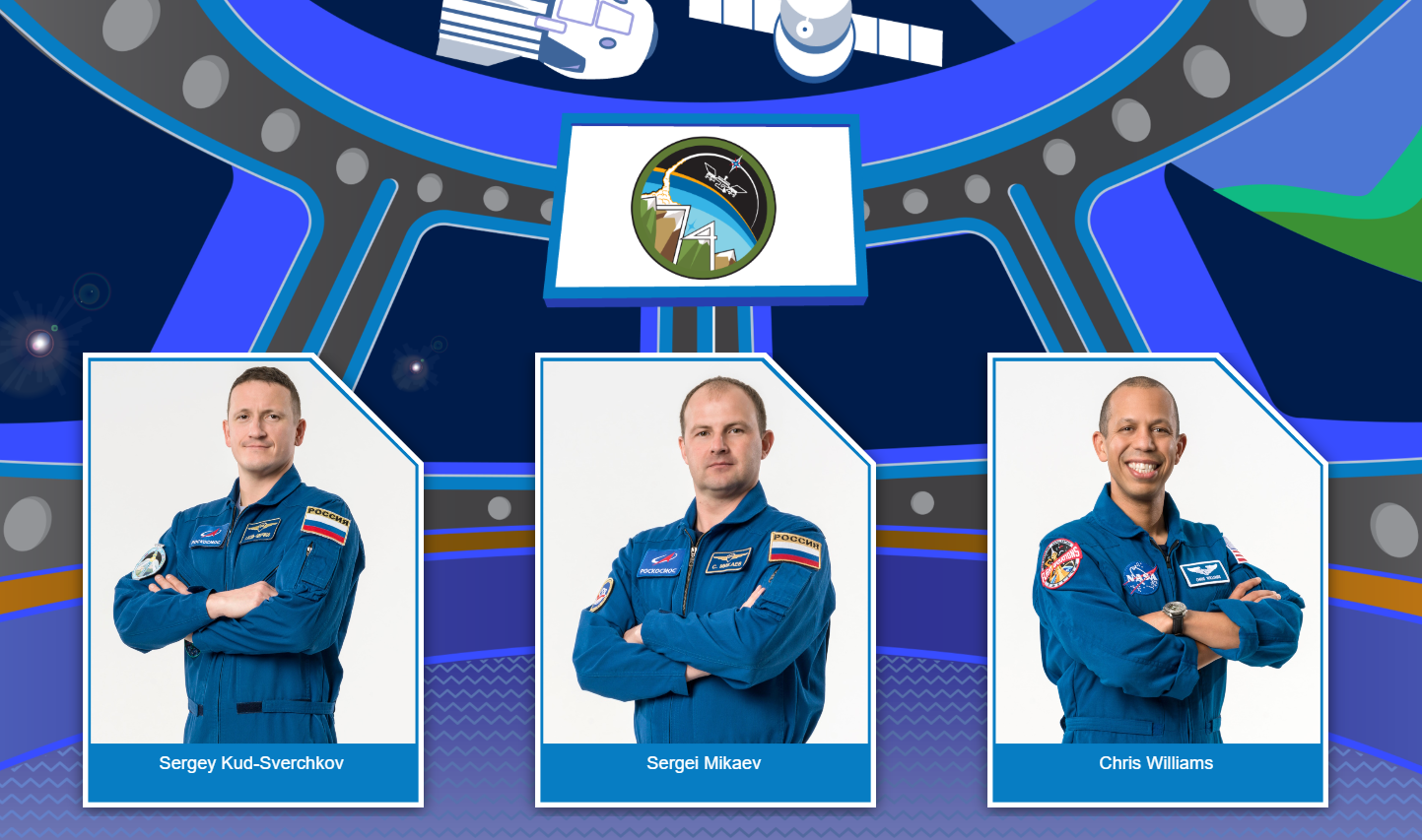 The spacy cartoon background of the space station with three astronauts posing inside of trading card-esque boxes.